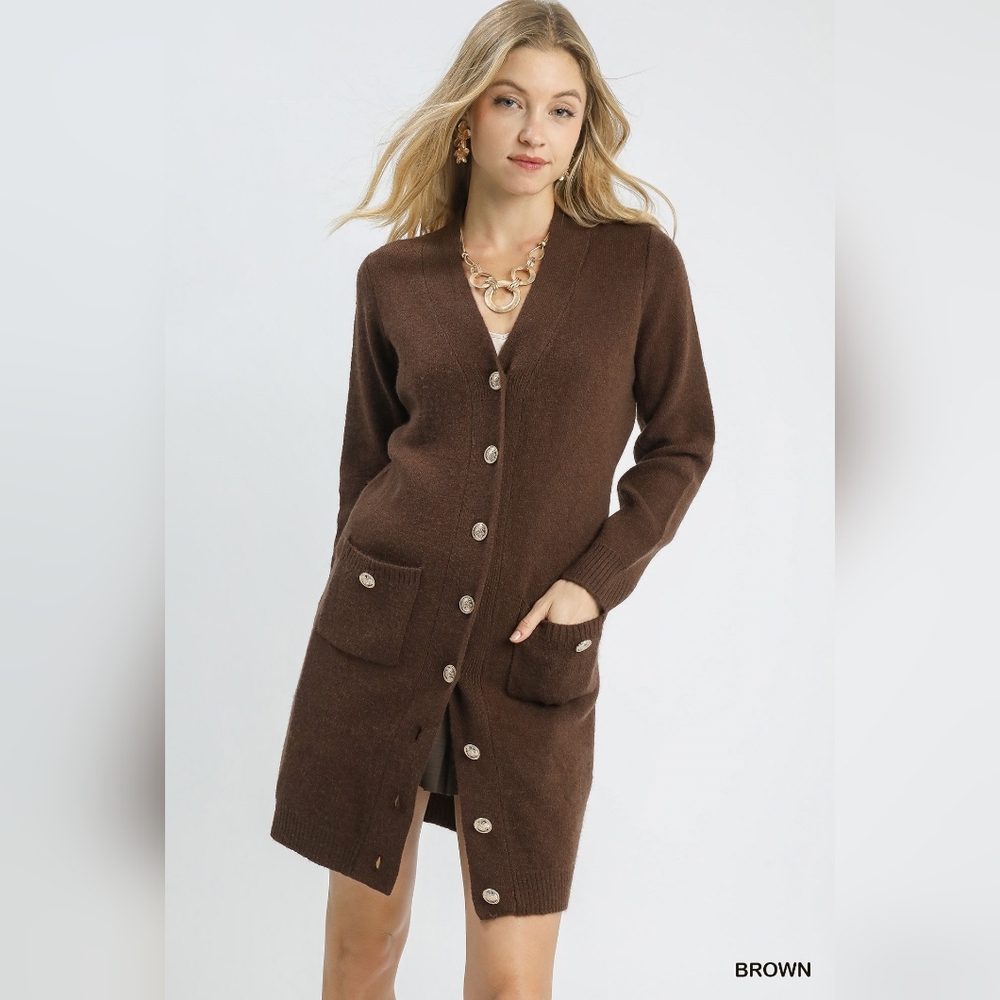 Elegant Brown Long Cardigan